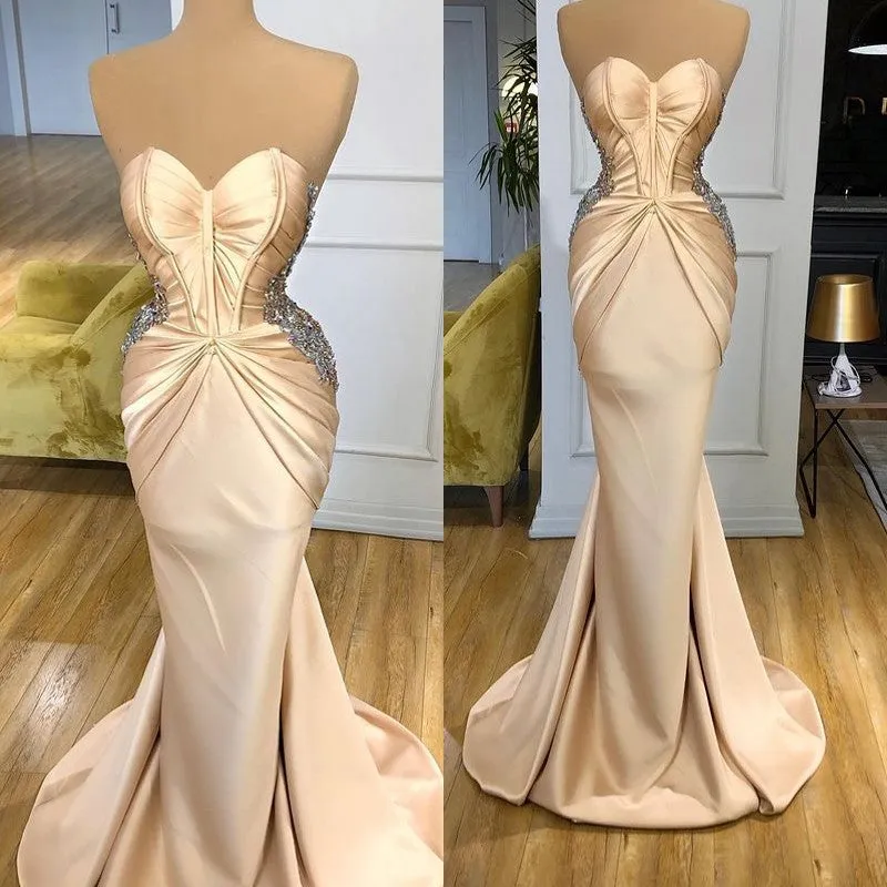 Elegant Sweetheart Champagne Prom Dress Mermaid Long With Crystals