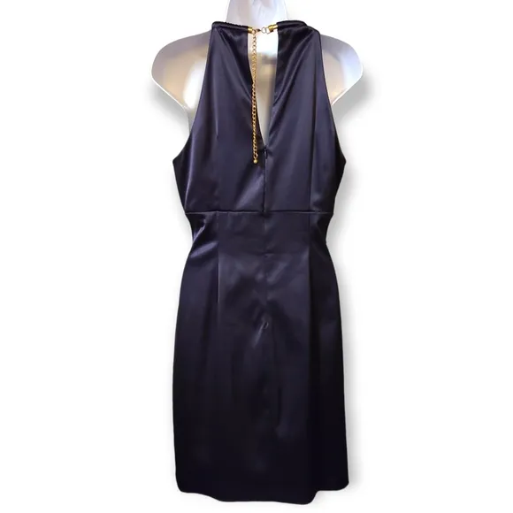 Eliza J Grecian Satin Sleeveless Dress with Gold Chain Halter Neck