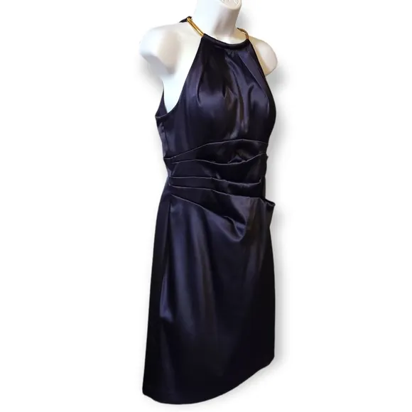 Eliza J Grecian Satin Sleeveless Dress with Gold Chain Halter Neck