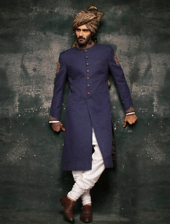 Embroidered Jamawar Blue Sherwani Wedding Dress #GN112