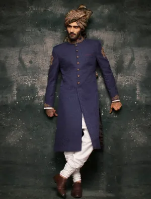 Embroidered Jamawar Blue Sherwani Wedding Dress #GN112