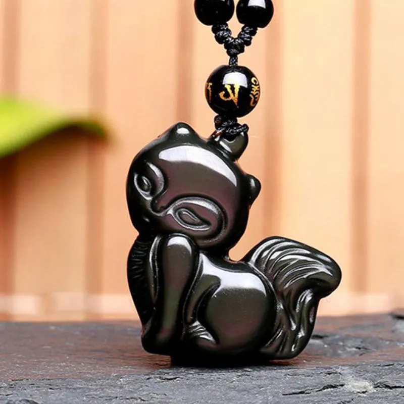 Feng Shui Rainbow Eye Obsidian Love Protection Fox Pendant