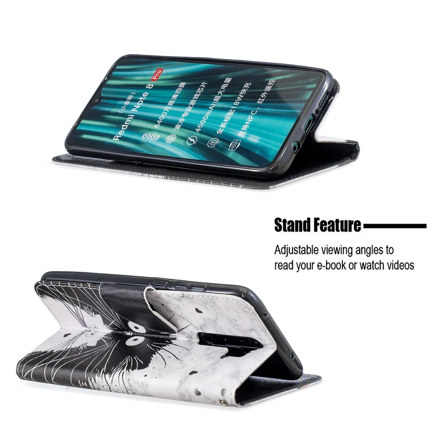 For Redmi Note 8/8 Pro Cellphone Cover Stand Function Wallet Design PU Leather Smartphone Shell Elegant Pattern Printed  Black white cat