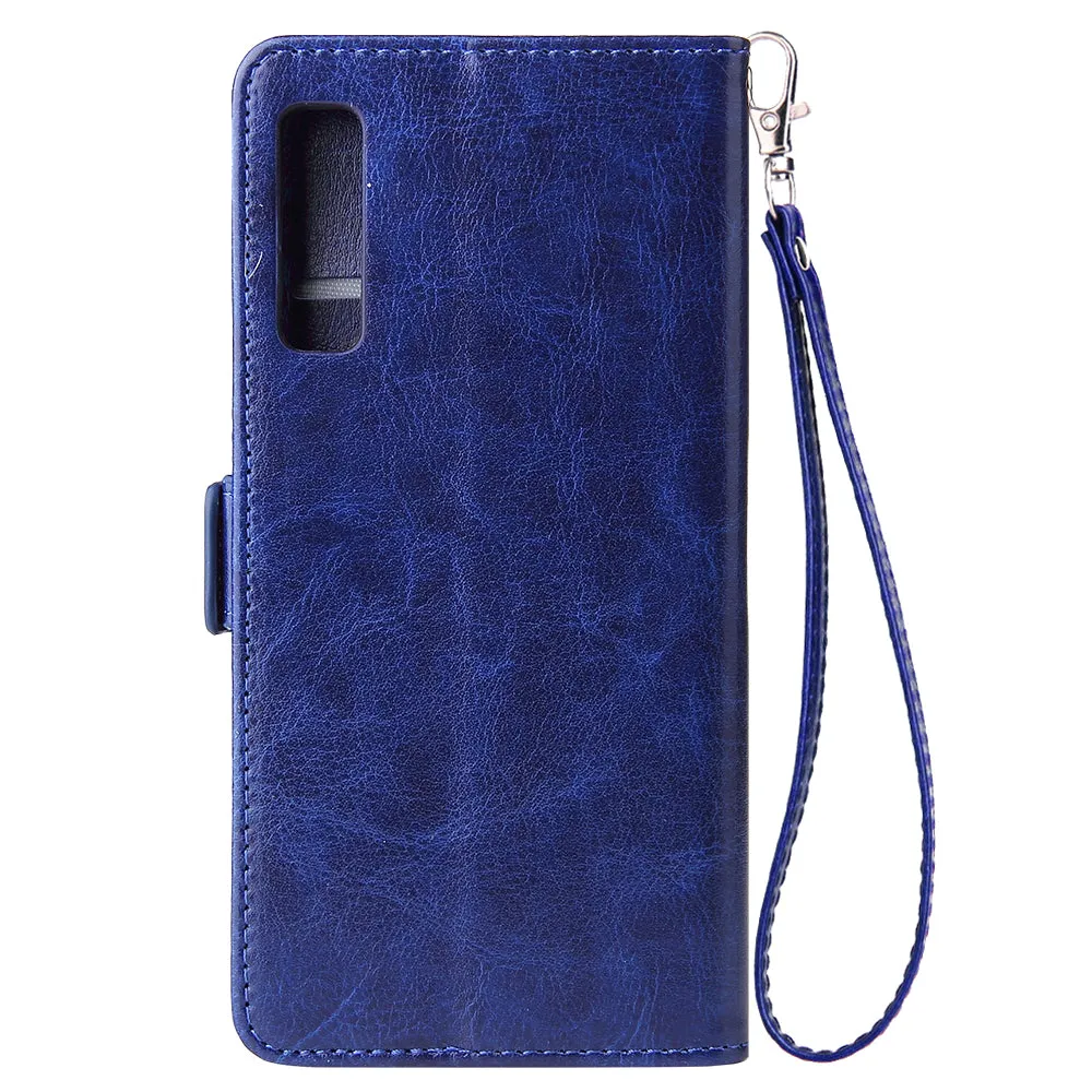 For Samsung A7 2018-A750 Solid Color PU Leather Zipper Wallet Double Buckle Protective Case with Stand & Lanyard blue