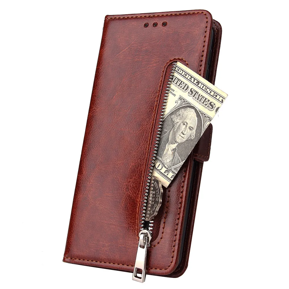 For Samsung A7 2018-A750 Solid Color PU Leather Zipper Wallet Double Buckle Protective Case with Stand & Lanyard brown
