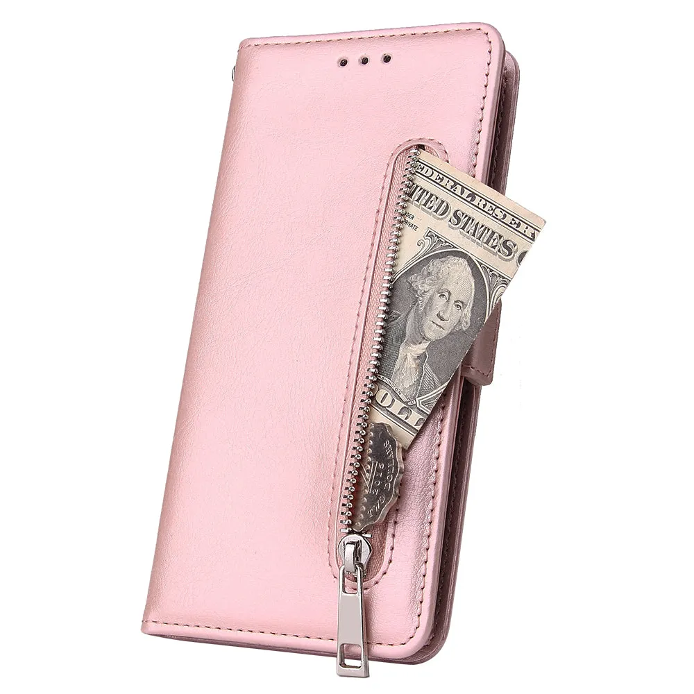 For Samsung A7 2018-A750 Solid Color PU Leather Zipper Wallet Double Buckle Protective Case with Stand & Lanyard Rose gold