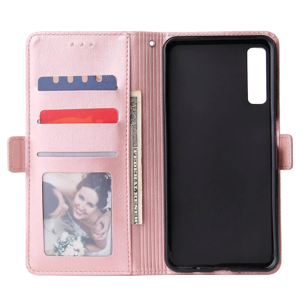 For Samsung A7 2018-A750 Solid Color PU Leather Zipper Wallet Double Buckle Protective Case with Stand & Lanyard Rose gold