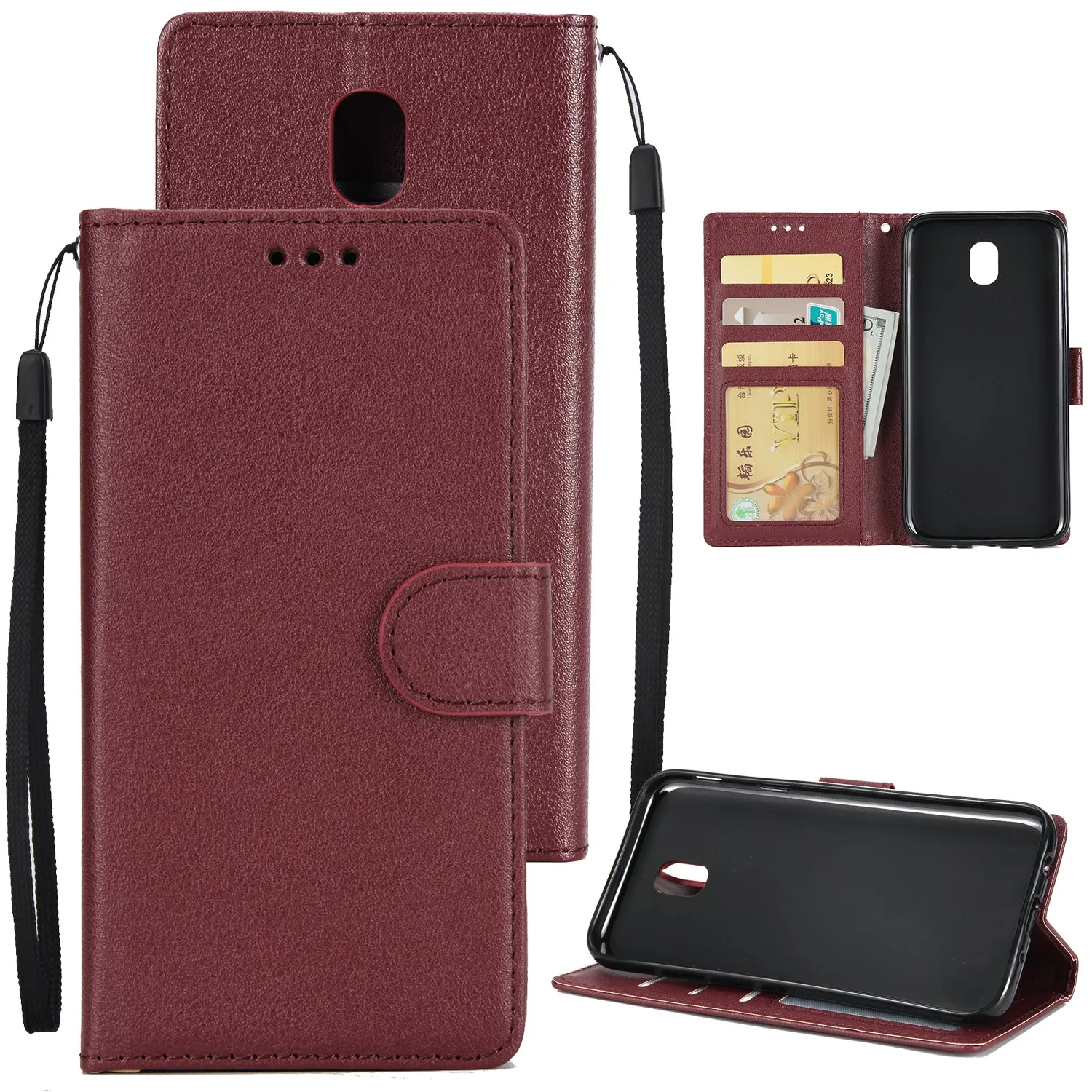 For Samsung J7 PLUS/J7  Full Protective Clip Case Cover PU Stylish Shell with Card Slot wine Red