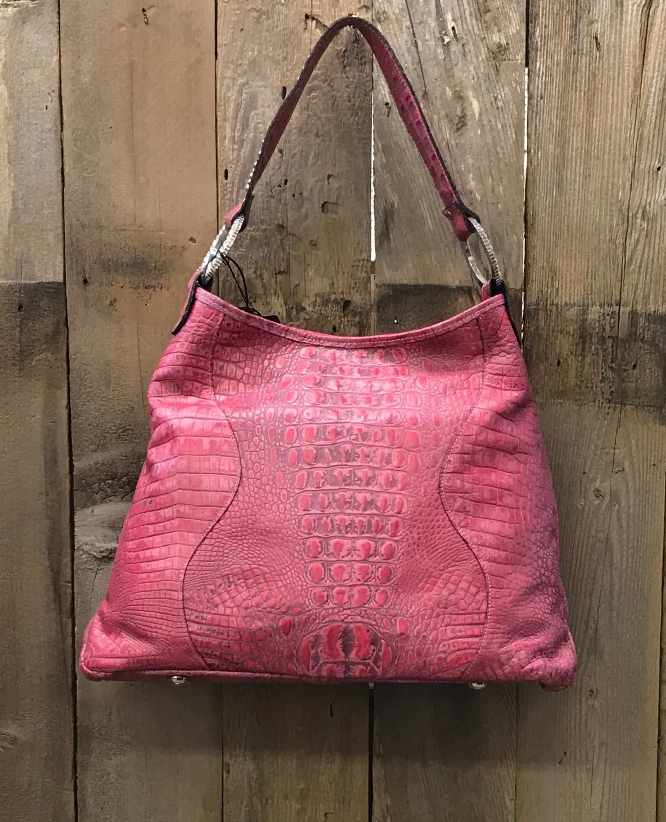 Fuchsia Croc Leather With Brindle And Swarovski Crystals Handbag