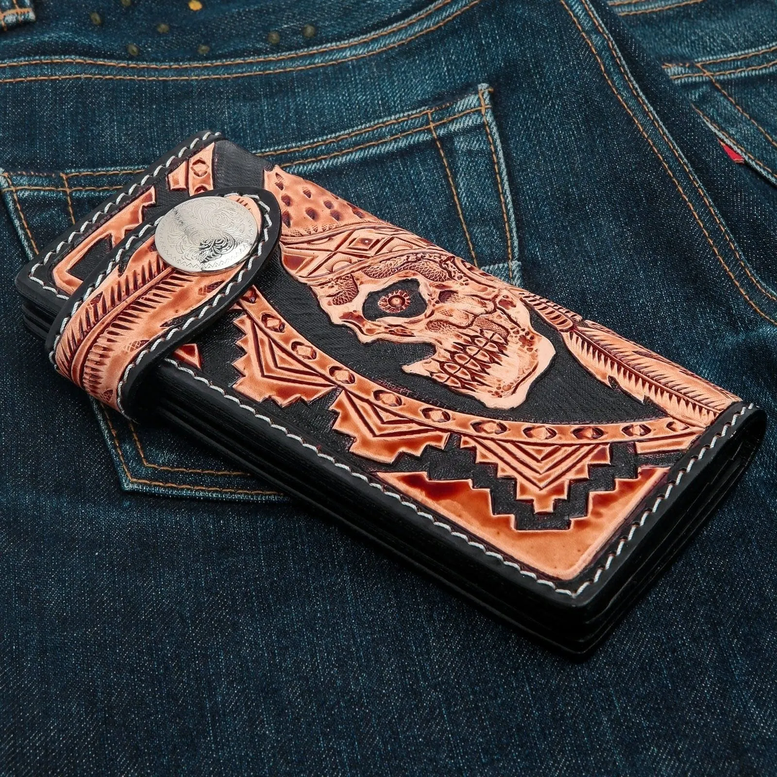 Genuine Leather Indian Skull Biker Wallet