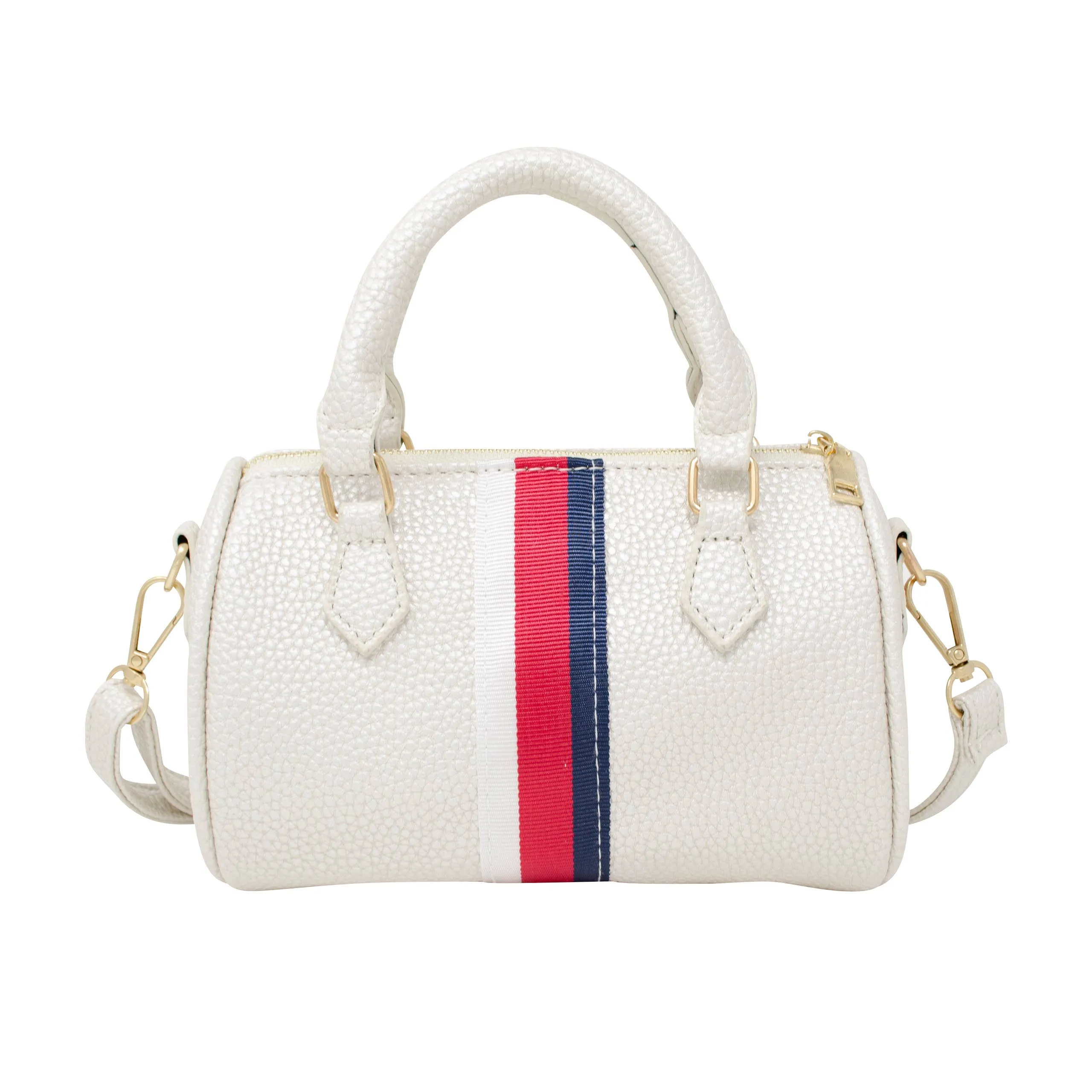 Girls Leather Striped Duffle Handbag