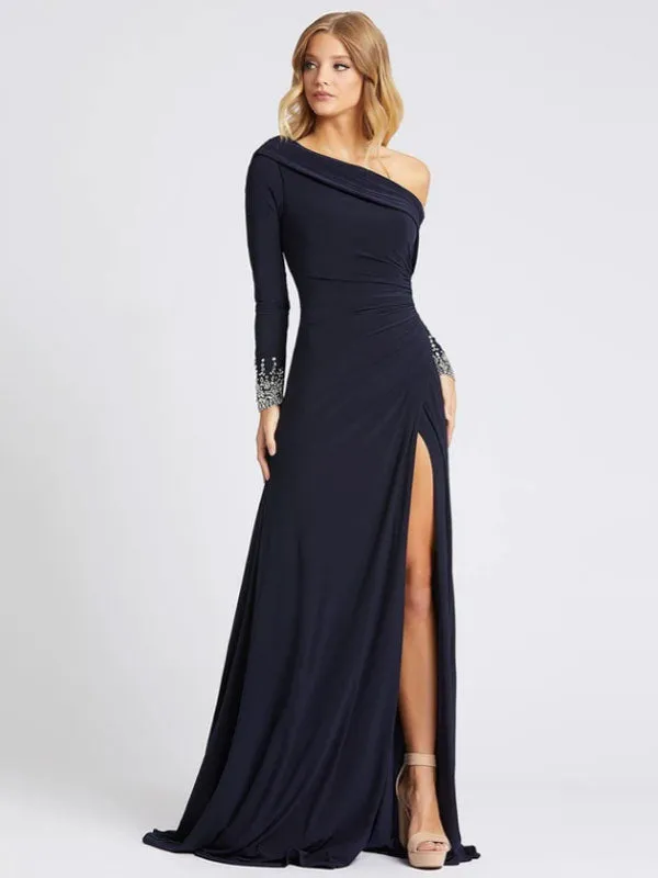 Gorgeous Deep Navy Evening Dress One-Shoulder With Train Long Sleeves Criss-Cross Lycra Spandex Sheath Social Party Dresses