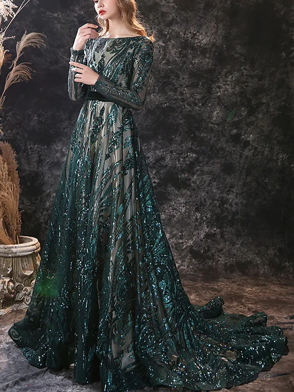 Gorgeous Evening Dress A-Line Jewel Neck With Train Long Sleeves Zipper Lace Lace Formal Party Dresses