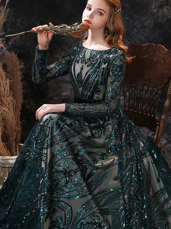 Gorgeous Evening Dress A-Line Jewel Neck With Train Long Sleeves Zipper Lace Lace Formal Party Dresses