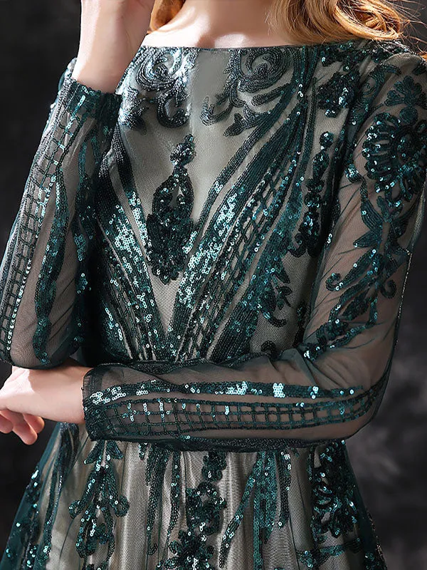 Gorgeous Evening Dress A-Line Jewel Neck With Train Long Sleeves Zipper Lace Lace Formal Party Dresses