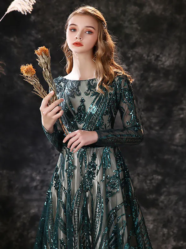 Gorgeous Evening Dress A-Line Jewel Neck With Train Long Sleeves Zipper Lace Lace Formal Party Dresses