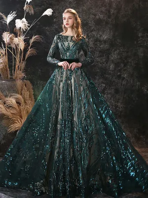 Gorgeous Evening Dress A-Line Jewel Neck With Train Long Sleeves Zipper Lace Lace Formal Party Dresses