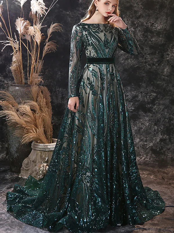 Gorgeous Evening Dress A-Line Jewel Neck With Train Long Sleeves Zipper Lace Lace Formal Party Dresses