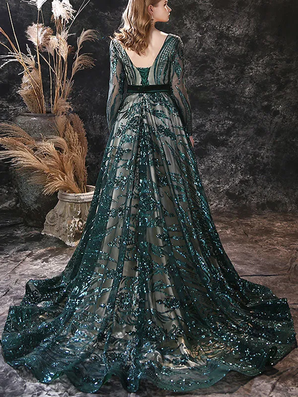 Gorgeous Evening Dress A-Line Jewel Neck With Train Long Sleeves Zipper Lace Lace Formal Party Dresses