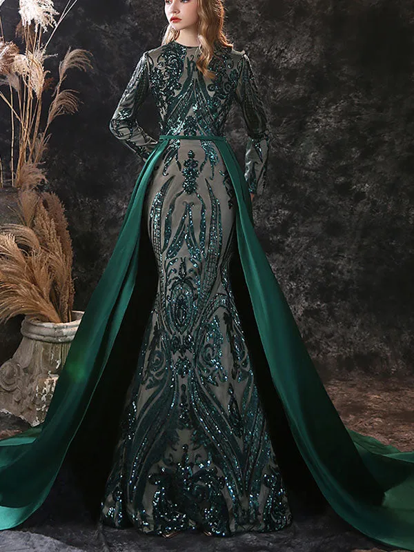 Gorgeous Evening Dress Mermaid Jewel Neck With Train Long Sleeves Zipper Lace Lace Social Pageant Dresses