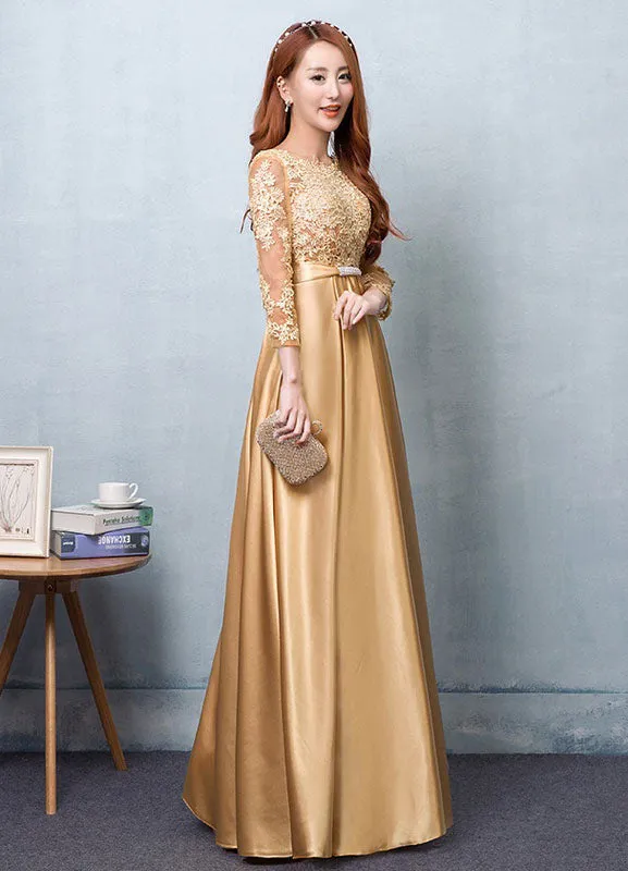 Gorgeous Gold Evening Dress Satin evening dress Lace Applique Wedding Guest Dresses Sash A Line Maxi Mother's Dress wedding guest dress