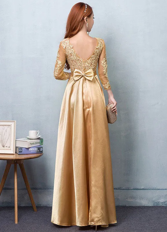 Gorgeous Gold Evening Dress Satin evening dress Lace Applique Wedding Guest Dresses Sash A Line Maxi Mother's Dress wedding guest dress