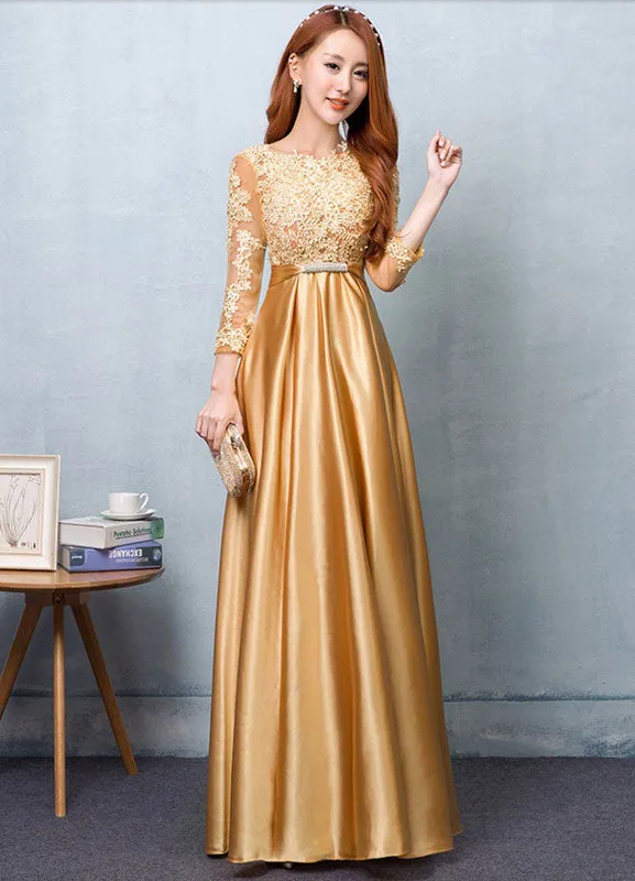Gorgeous Gold Evening Dress Satin evening dress Lace Applique Wedding Guest Dresses Sash A Line Maxi Mother's Dress wedding guest dress