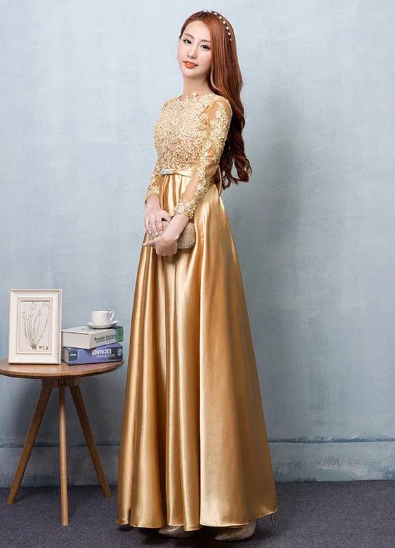 Gorgeous Gold Evening Dress Satin evening dress Lace Applique Wedding Guest Dresses Sash A Line Maxi Mother's Dress wedding guest dress