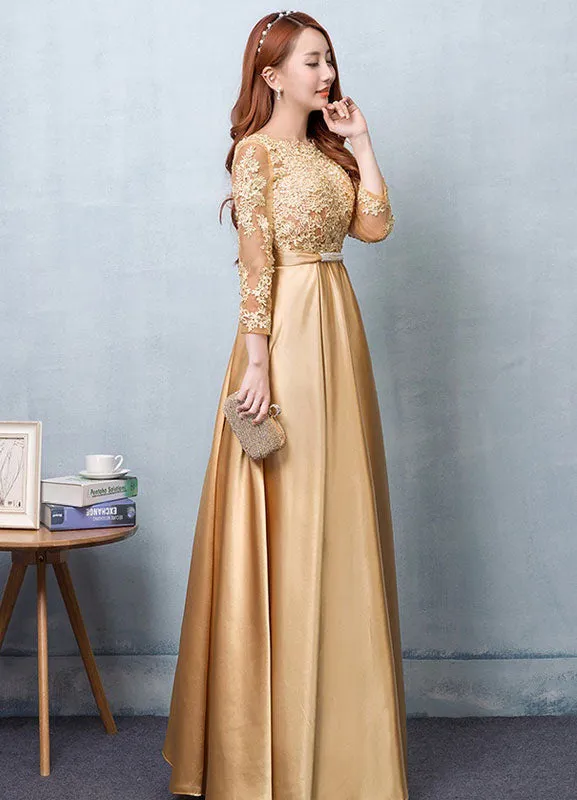 Gorgeous Gold Evening Dress Satin evening dress Lace Applique Wedding Guest Dresses Sash A Line Maxi Mother's Dress wedding guest dress