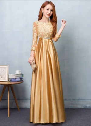 Gorgeous Gold Evening Dress Satin evening dress Lace Applique Wedding Guest Dresses Sash A Line Maxi Mother's Dress wedding guest dress