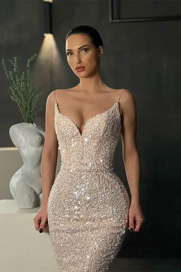 Gorgeous Spaghetti-Straps Sequins Prom Dress Mermaid Sleeveless