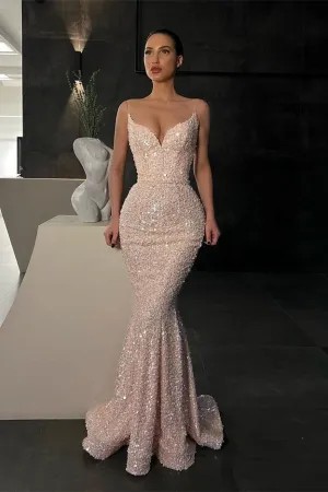 Gorgeous Spaghetti-Straps Sequins Prom Dress Mermaid Sleeveless