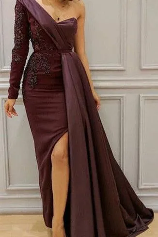Graceful Asymmetric Splicing One Shoulder Appliques Spandex Satin Party Dresses Floor Length Open Back Evening Gowns With Waist Band