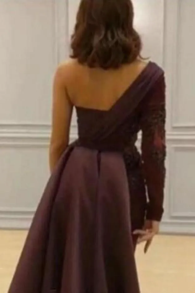 Graceful Asymmetric Splicing One Shoulder Appliques Spandex Satin Party Dresses Floor Length Open Back Evening Gowns With Waist Band