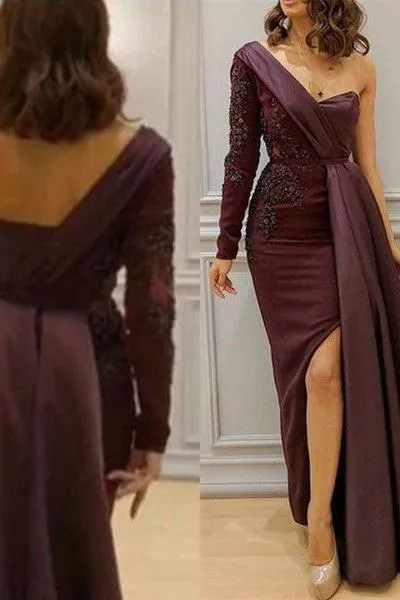 Graceful Asymmetric Splicing One Shoulder Appliques Spandex Satin Party Dresses Floor Length Open Back Evening Gowns With Waist Band