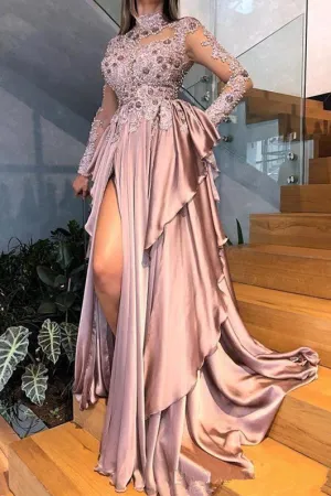 Graceful High Neck Lace Appliques Prom Dresses With Split See Through Evening Gowns
