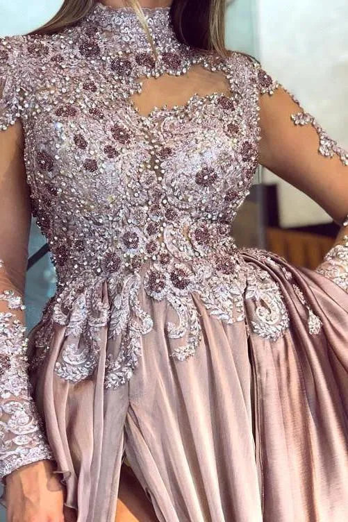 Graceful High Neck Lace Appliques Prom Dresses With Split See Through Evening Gowns