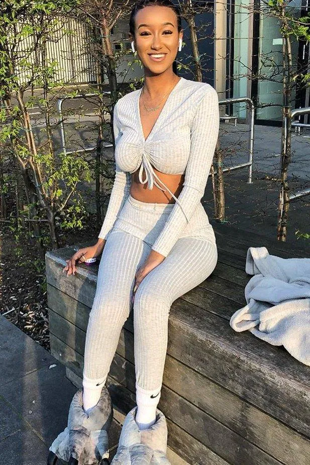 Grey Rib Ruched Front Crop Top Legging Loungewear Co-Ord - Victoria