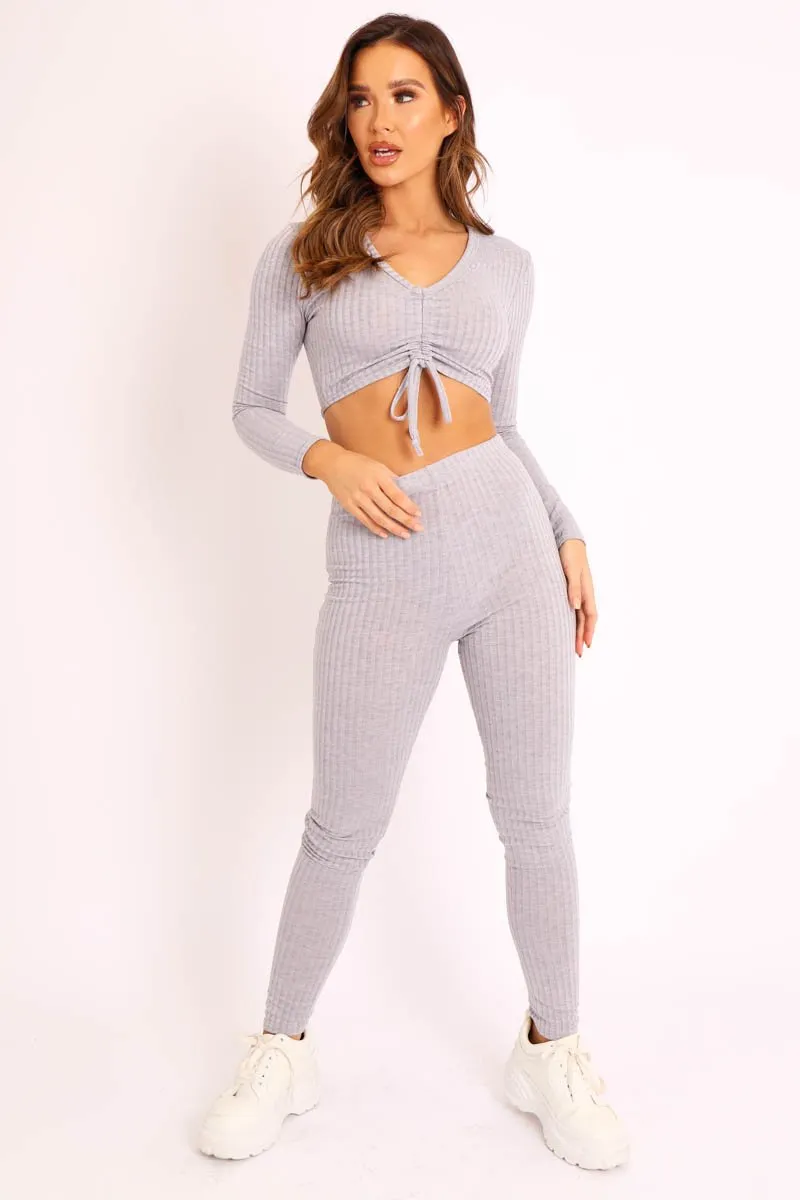 Grey Rib Ruched Front Crop Top Legging Loungewear Co-Ord - Victoria