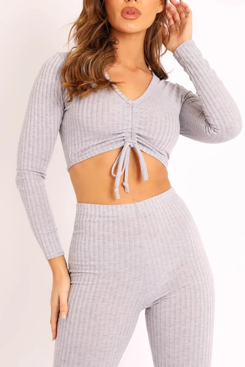 Grey Rib Ruched Front Crop Top Legging Loungewear Co-Ord - Victoria