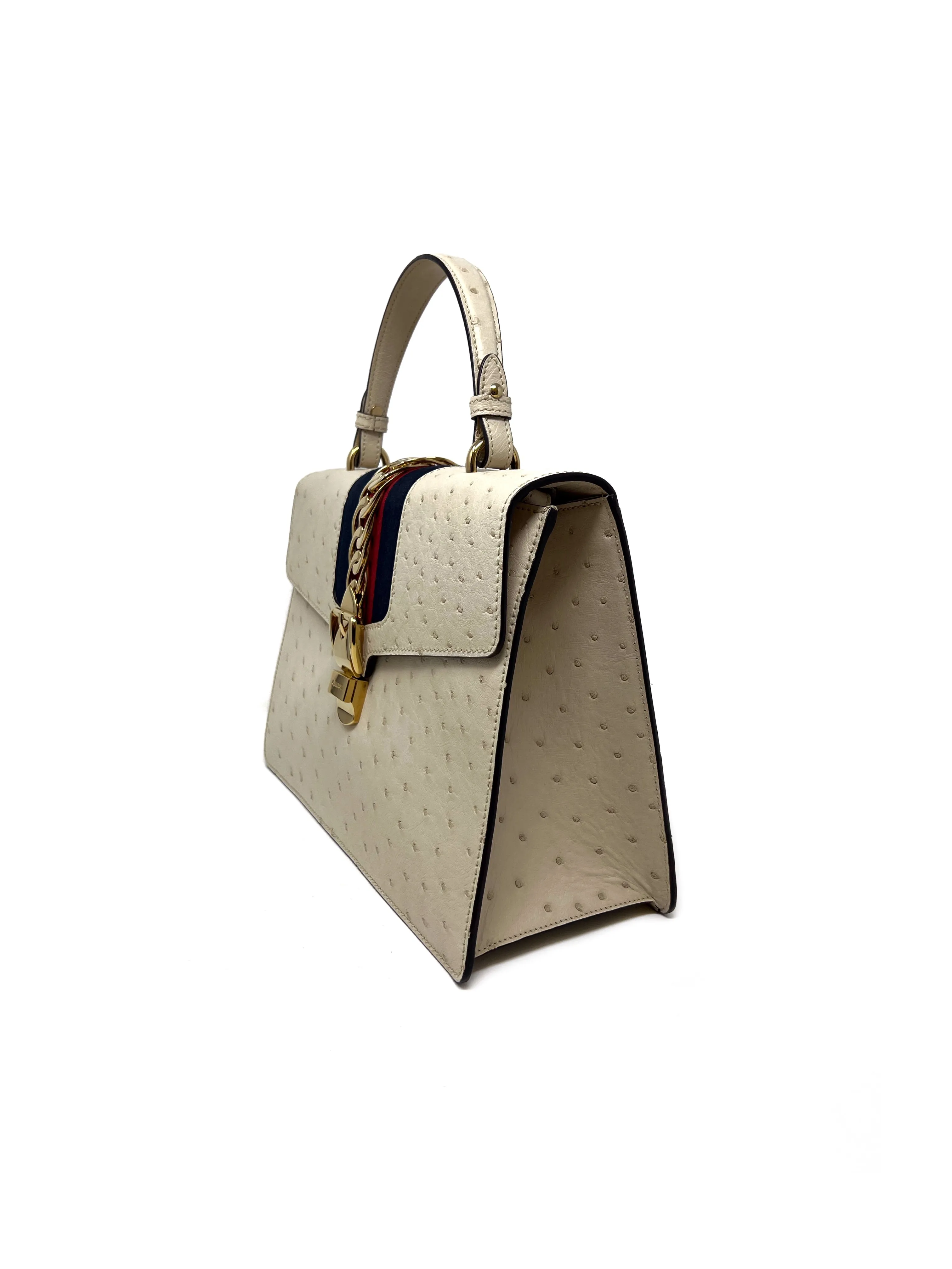 Gucci Cream WDB! 'Sylvie' Med Ostrich & Web Strip Top Handle Bag