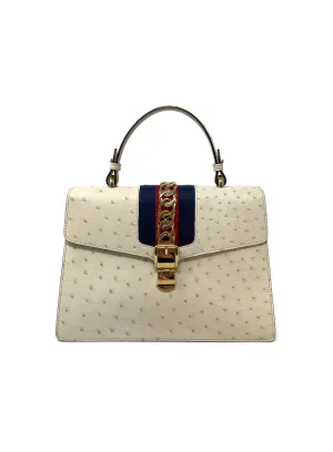 Gucci Cream WDB! 'Sylvie' Med Ostrich & Web Strip Top Handle Bag
