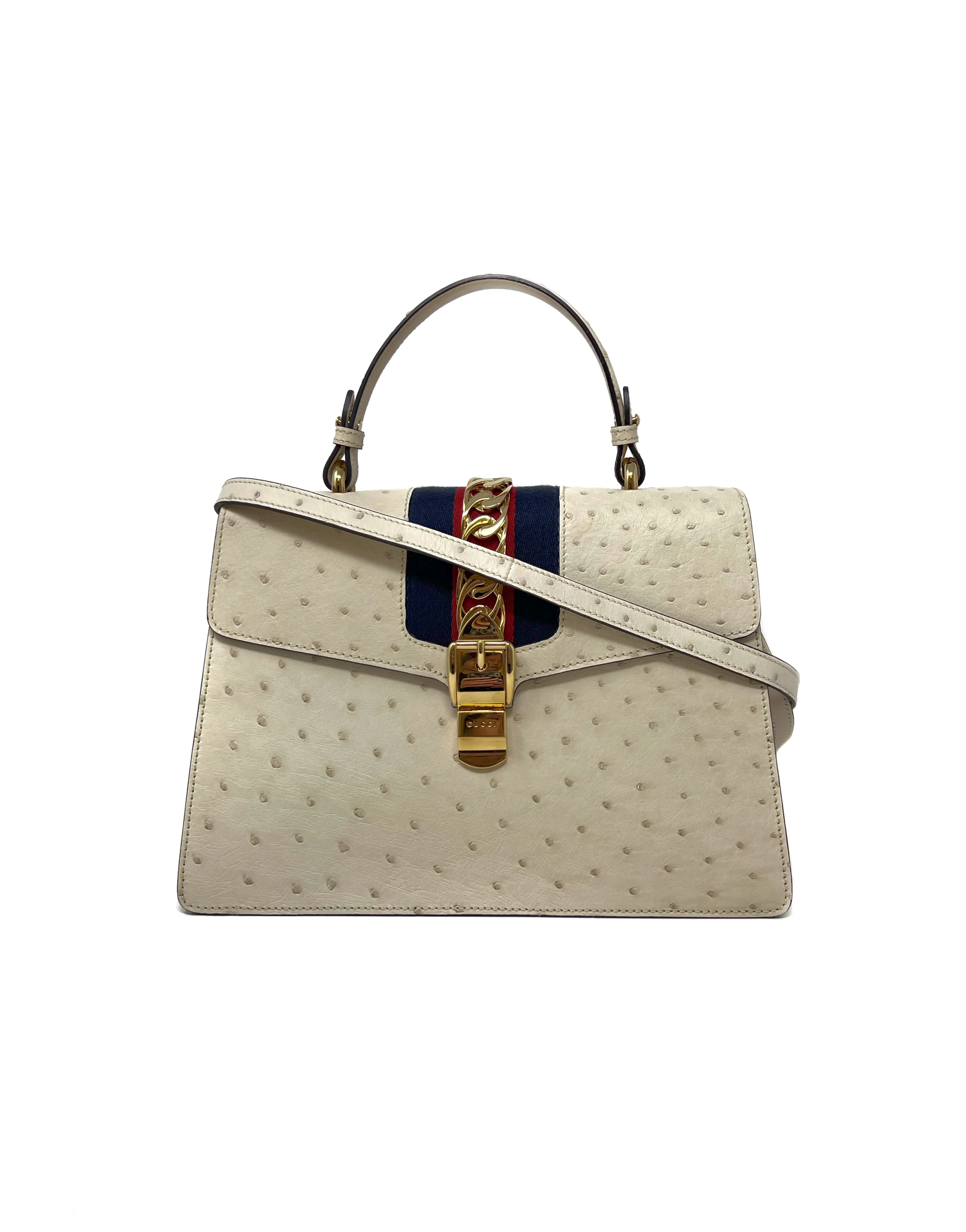 Gucci Cream WDB! 'Sylvie' Med Ostrich & Web Strip Top Handle Bag