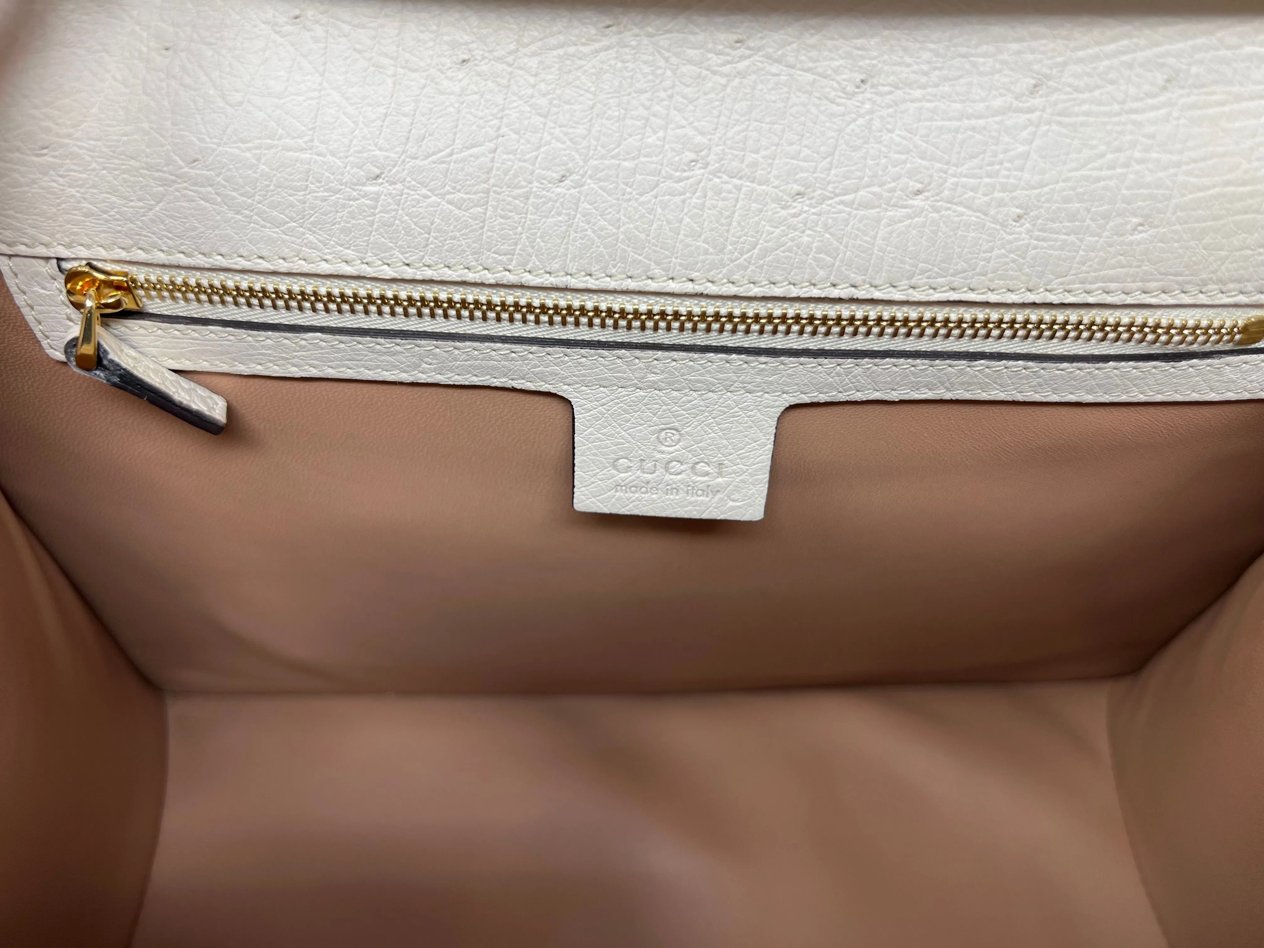 Gucci Cream WDB! 'Sylvie' Med Ostrich & Web Strip Top Handle Bag