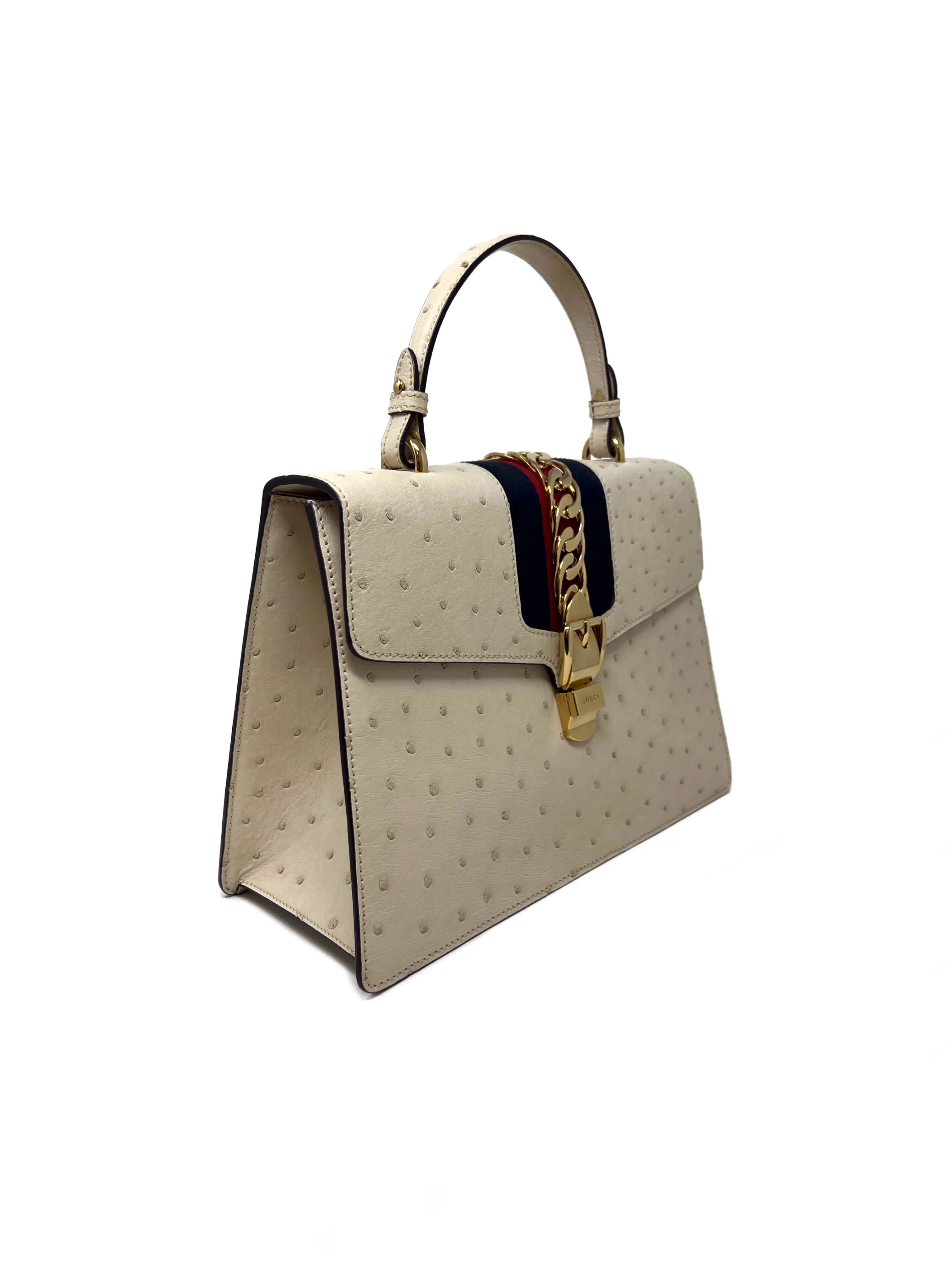 Gucci Cream WDB! 'Sylvie' Med Ostrich & Web Strip Top Handle Bag