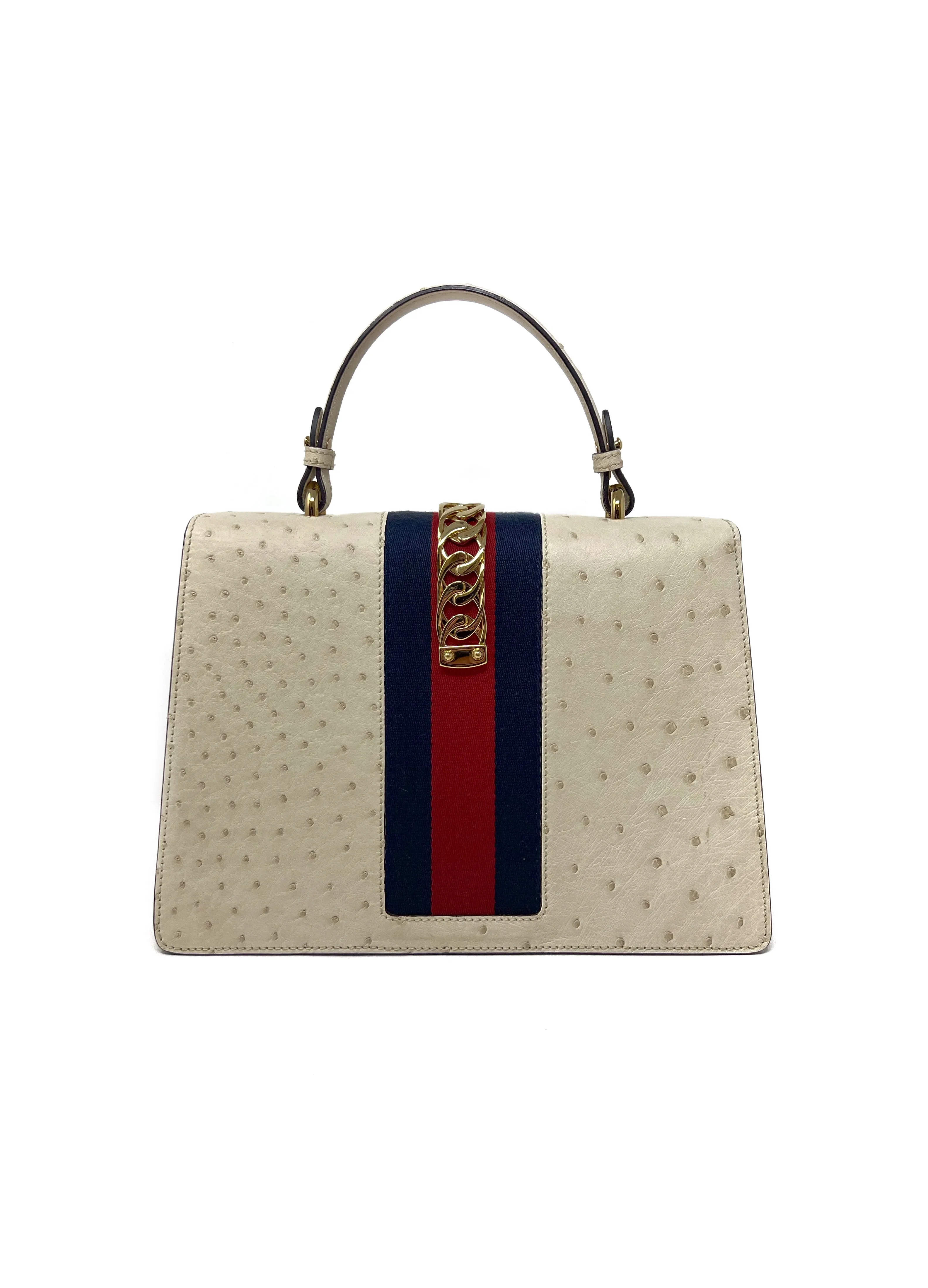 Gucci Cream WDB! 'Sylvie' Med Ostrich & Web Strip Top Handle Bag