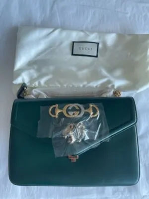 Gucci Rajah Chain Shoulder Bag Leather Medium Gold Dark Green Handbag Vitello NEW