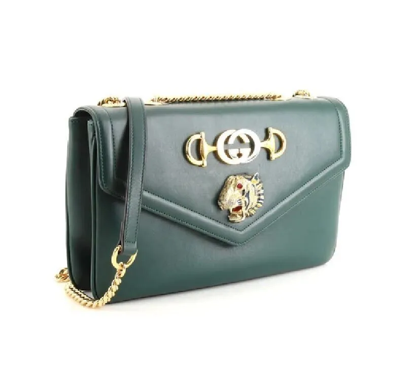 Gucci Rajah Chain Shoulder Bag Leather Medium Gold Dark Green Handbag Vitello NEW