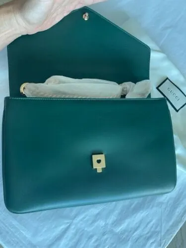 Gucci Rajah Chain Shoulder Bag Leather Medium Gold Dark Green Handbag Vitello NEW