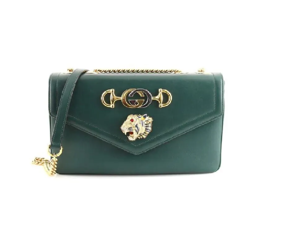Gucci Rajah Chain Shoulder Bag Leather Medium Gold Dark Green Handbag Vitello NEW